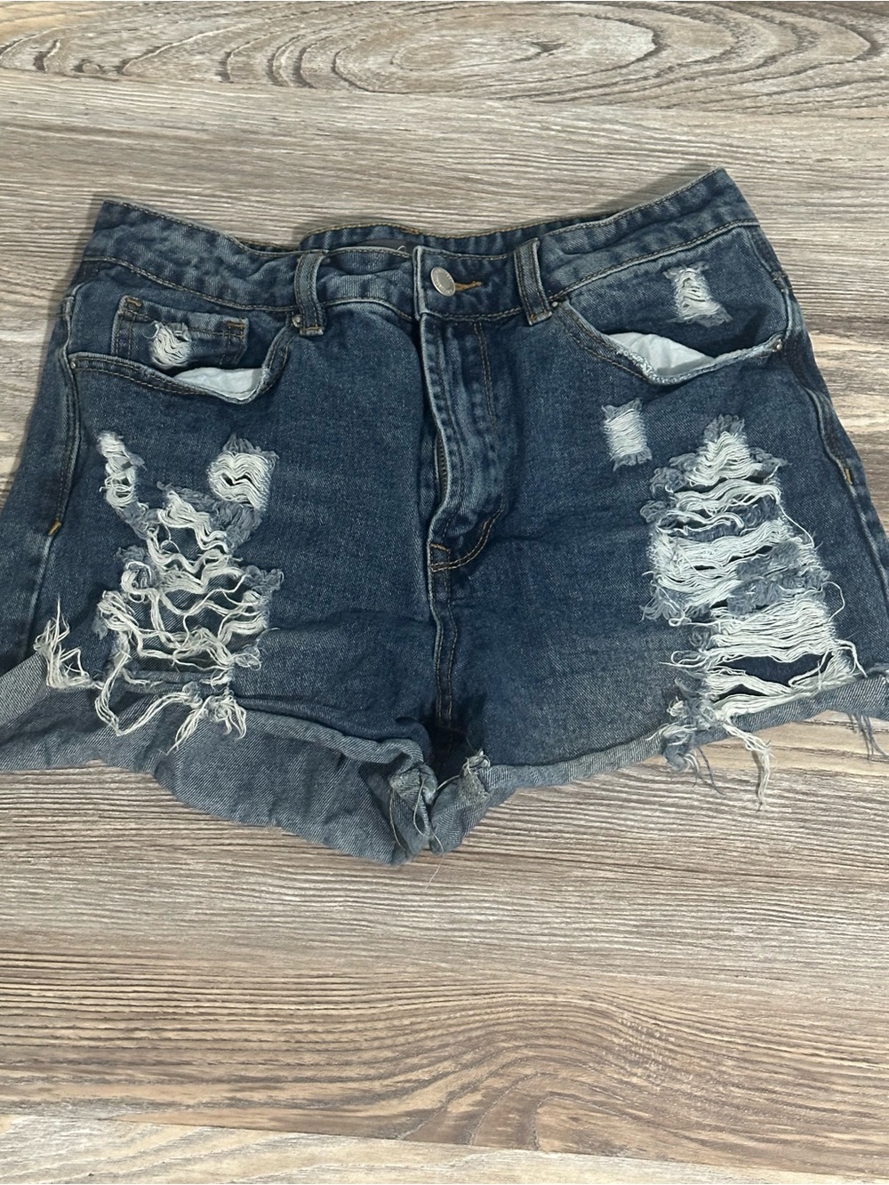 Distressed Dark Blue Denim Jean Shorts with Rolled Hem